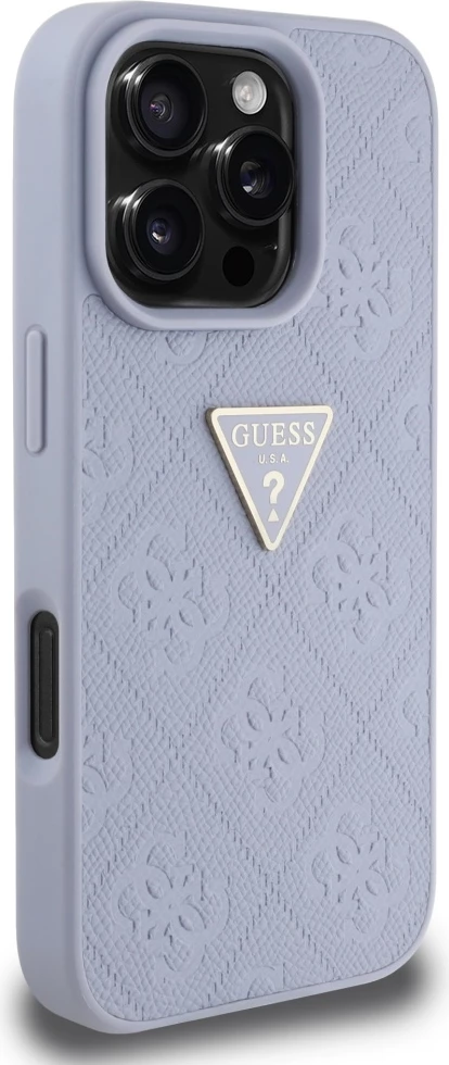 Mbështjellës Guess Hot Stamp 4G Pattern Triangle Metal Logo për iPhone 16 Pro Max, Vjollcë