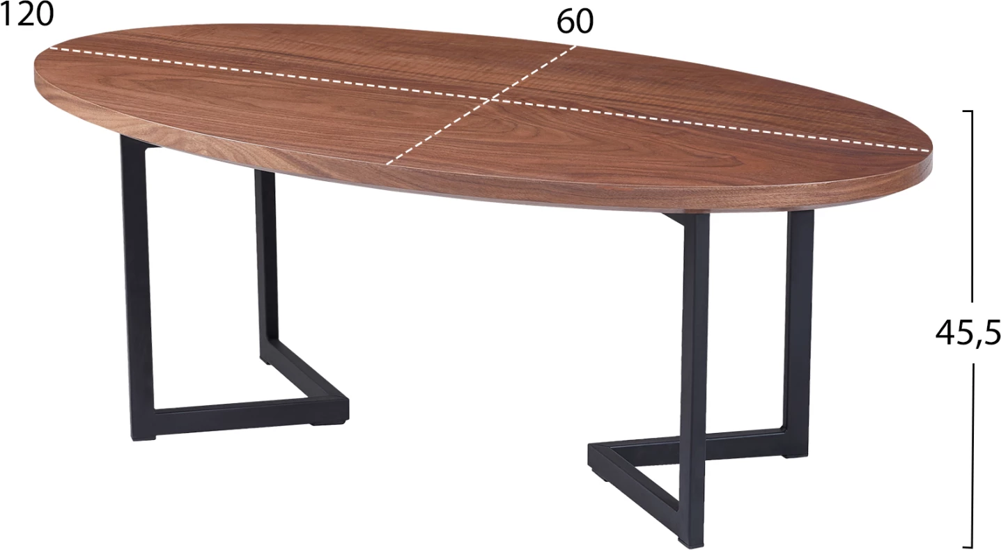 Tavolinë kafeje, FH9468.02, MDF, sipërfaqe ngjyrë arre, këmbë metalike, 120x60x45.5 cm
