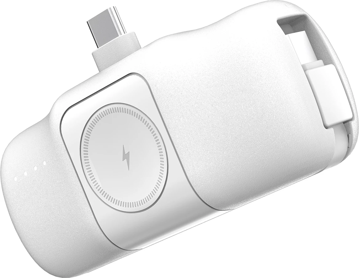 Powerbank Wozinsky WF16-YCS, 5000mAh, 15W, me kabllo USB-C të integruar dhe karikues për Apple Watch, Bardhë