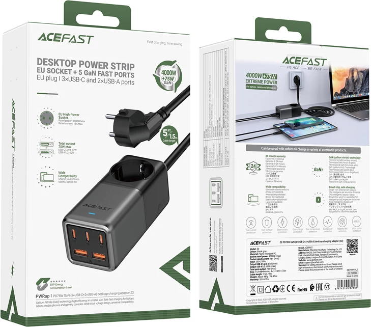 Karikues desktop Acefast Z2 GaN, 75W, 3x USB-C, 2x USB-A, zezë/gri