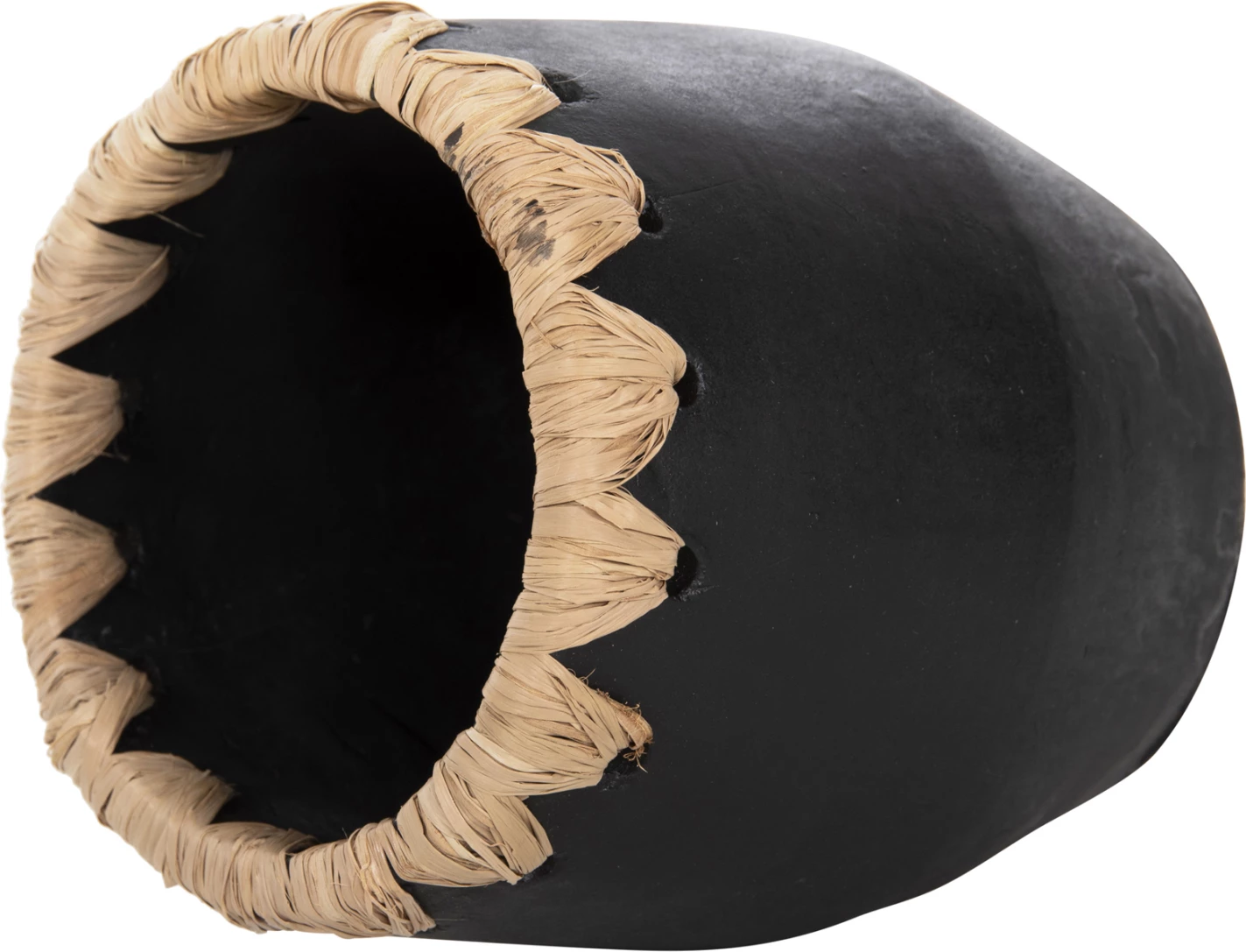 Vazo dekorative FH4368 terrakote, ngjyrë e zezë me thurje kashte në buzë, Φ13x16H cm