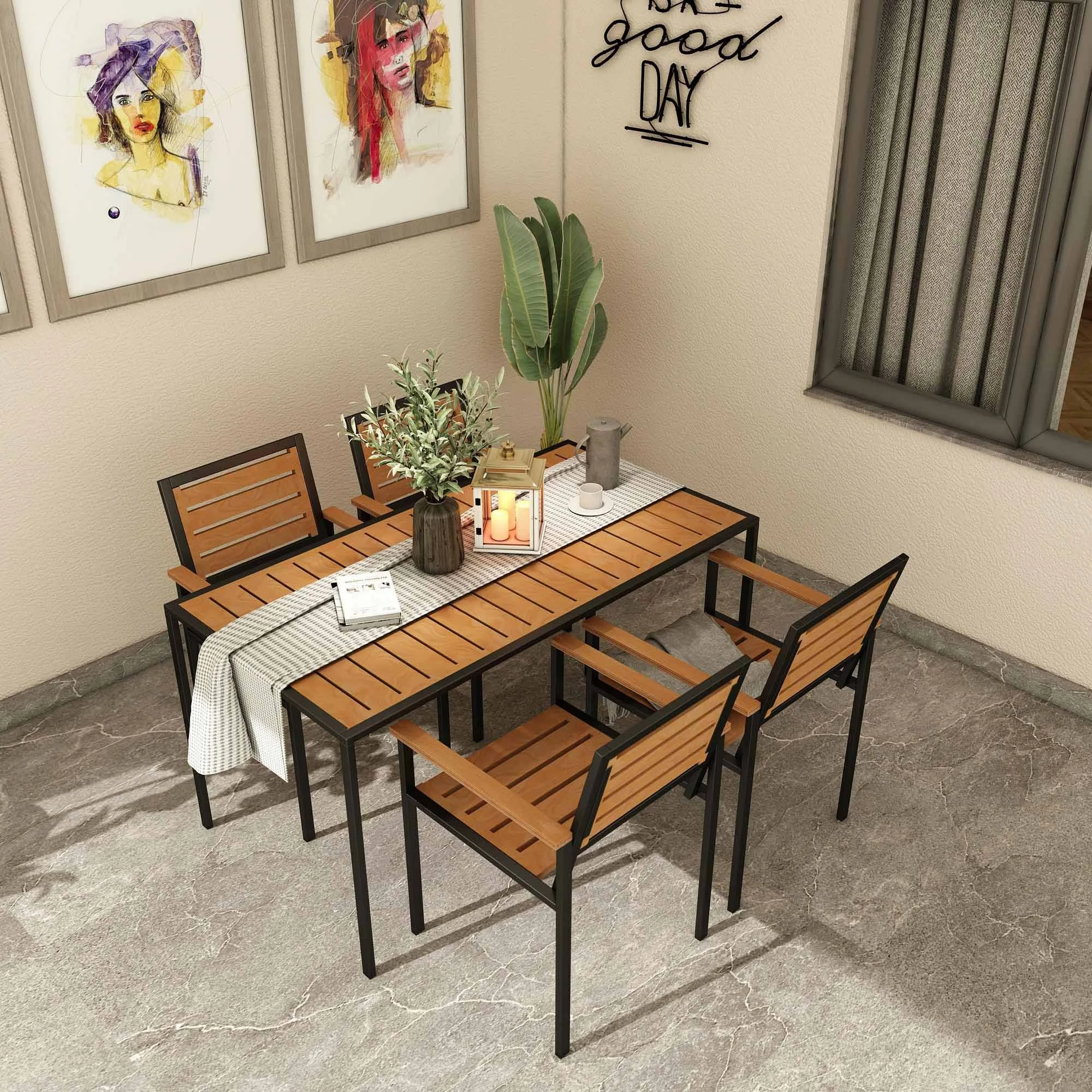 Tavolinë me karrige për terasë, 5 copë, Skye Decor, ngjyrë teak, CPT7706-150