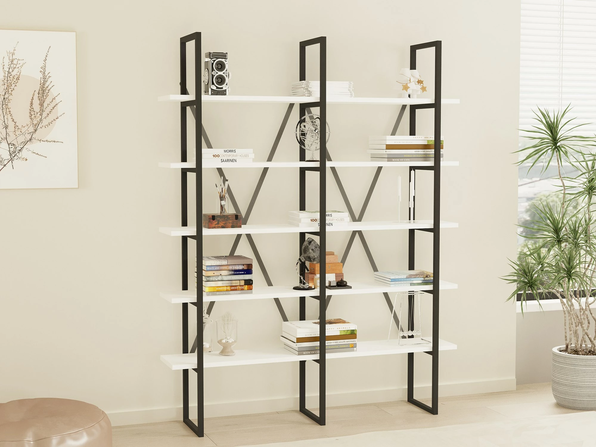 Raft librash Hanah Home, Kınalı, i bardhë dhe i zi, modern, 126x160x26cm