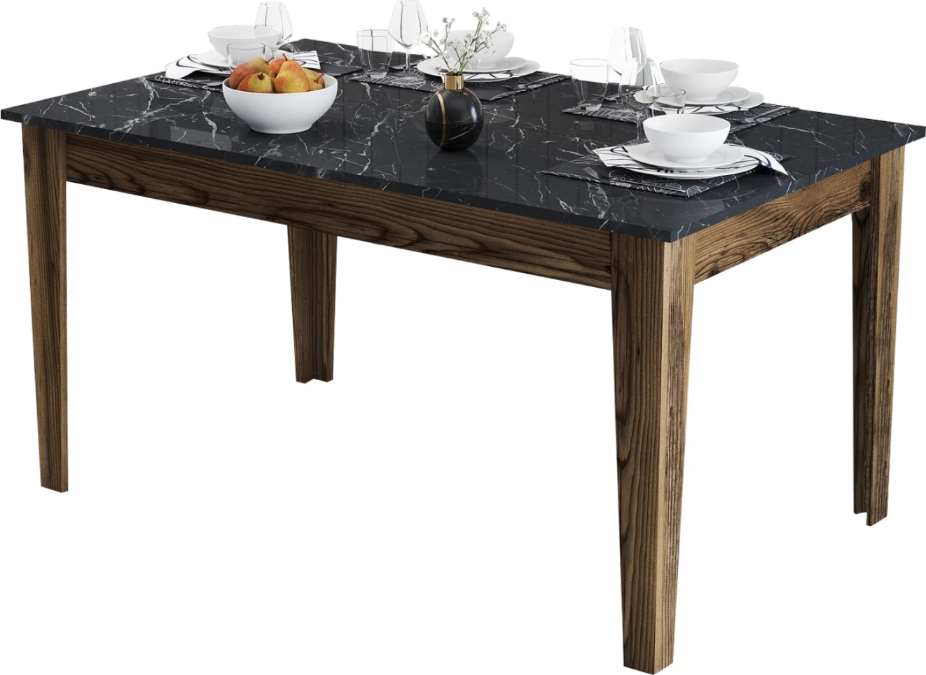 Tavolinë ngrënieje standard, FH9507.05, melaminë, ngjyrë arre, pamje mermeri të zi, me hapësirë ruajtjeje, 145x88x75H cm