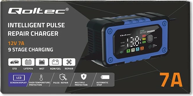 Karikues baterie Qoltec 52486, 12V, 7A, me funksion riparimi, LED, i zi/blu