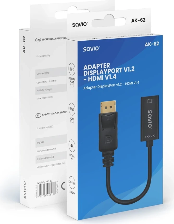 Adapter Savio DisplayPort (M) v1.2 - HDMI A (F) v1.4, 4K, AK-62