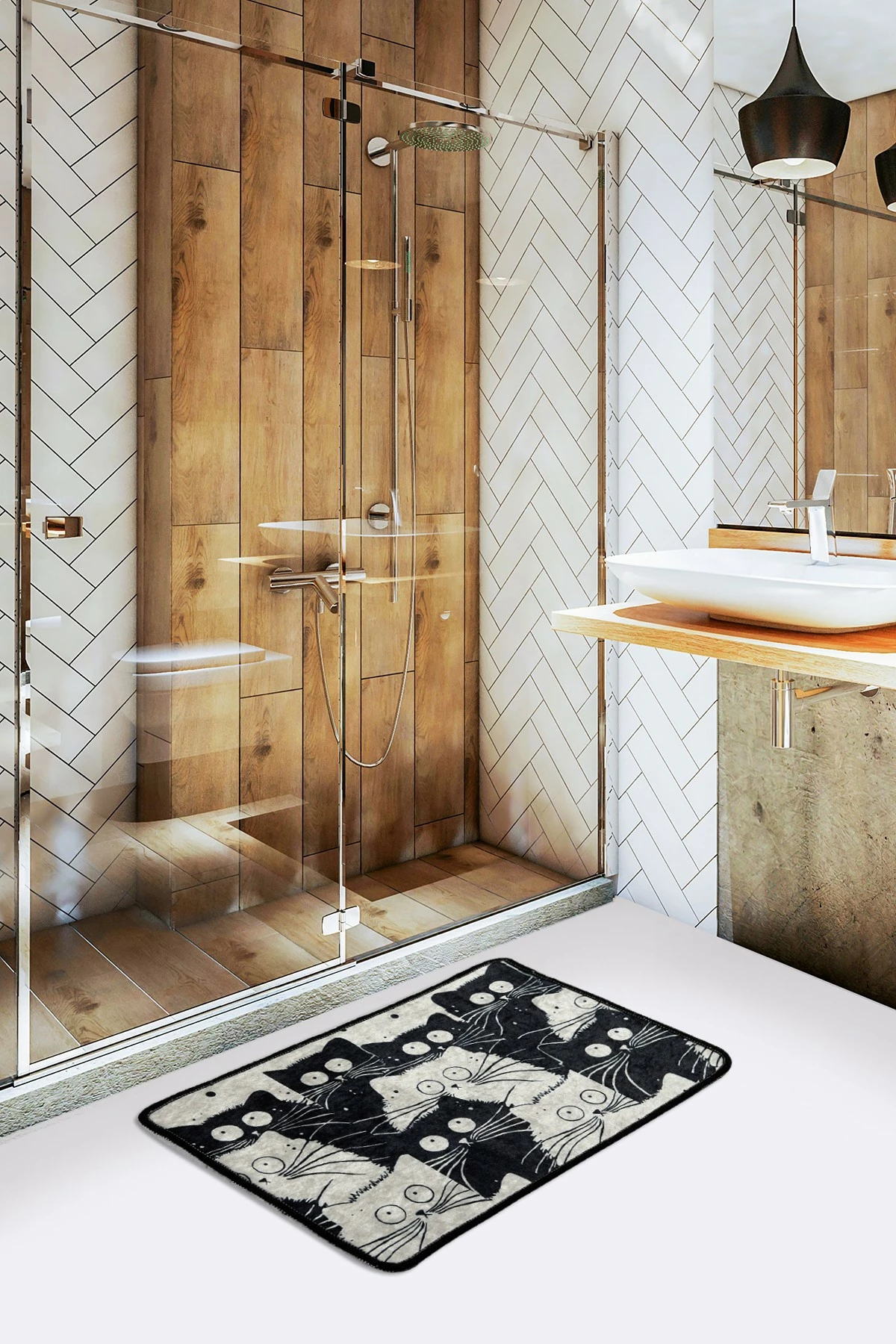 Tapet për banjo, Mijölnir, dizajn me macë të bardha, 40x60cm