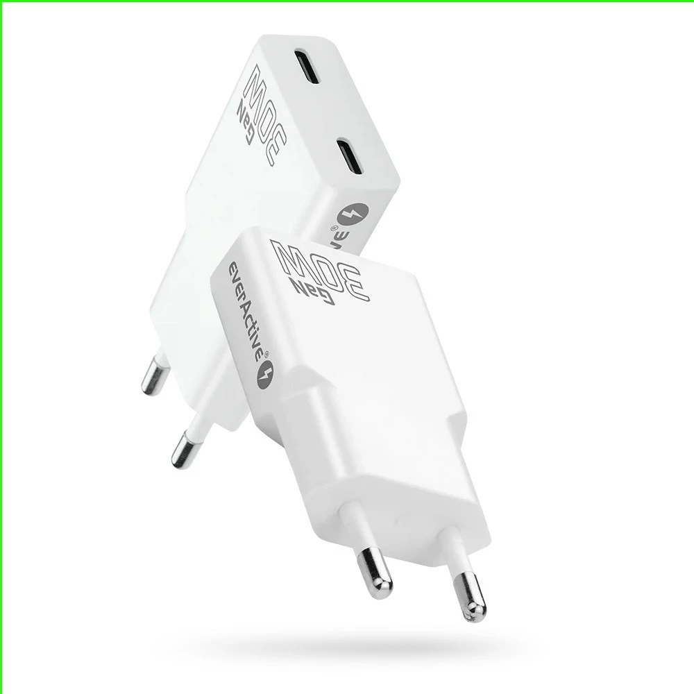 Adapter karikues muri, everActive, SC-385Q, GaN PD 30W, 2x USB-C, super slim, bardhë