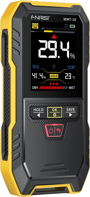 Matës lagështie pa-invaziv FNIRSI WMT-10, 0–75%, ekran 2.4" TFT, 4 moda, memorie 30 matje, bateri 1000 mAh USB‑C, zezë-verdhë