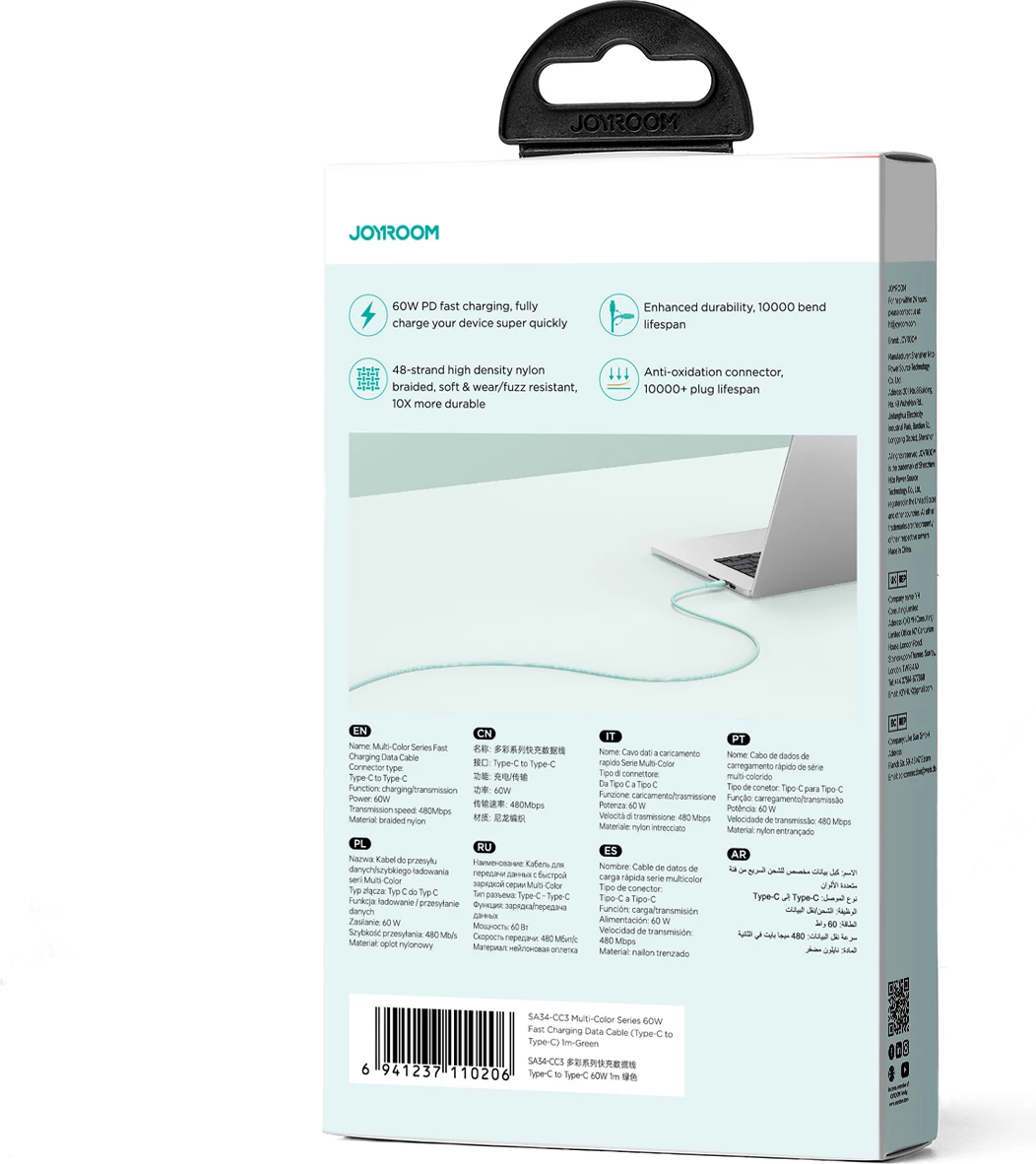Kabllo USB-C në USB-C Joyroom Multi-Color Series S-A34, 1m, 60W, e gjelbër