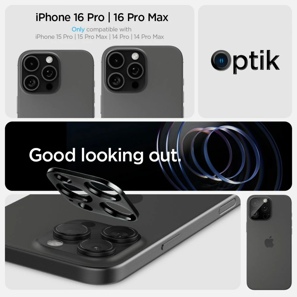 Mbrojtës lentesh kamere Spigen Optik.TR (xham i temperuar 9H) për iPhone 14 Pro/14 Pro Max/15 Pro/15 Pro Max/16 Pro/16 Pro Max, zi, 2 copë