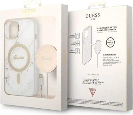 Set mbështjellës Guess Marble Collection me karikues wireless MagSafe për iPhone 14 6.1", Bardhë