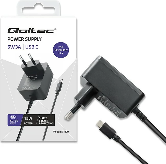 Karikues mur Qoltec 51829 për Raspberry Pi 4, USB-C, 15W, 5V, 3A, Zi