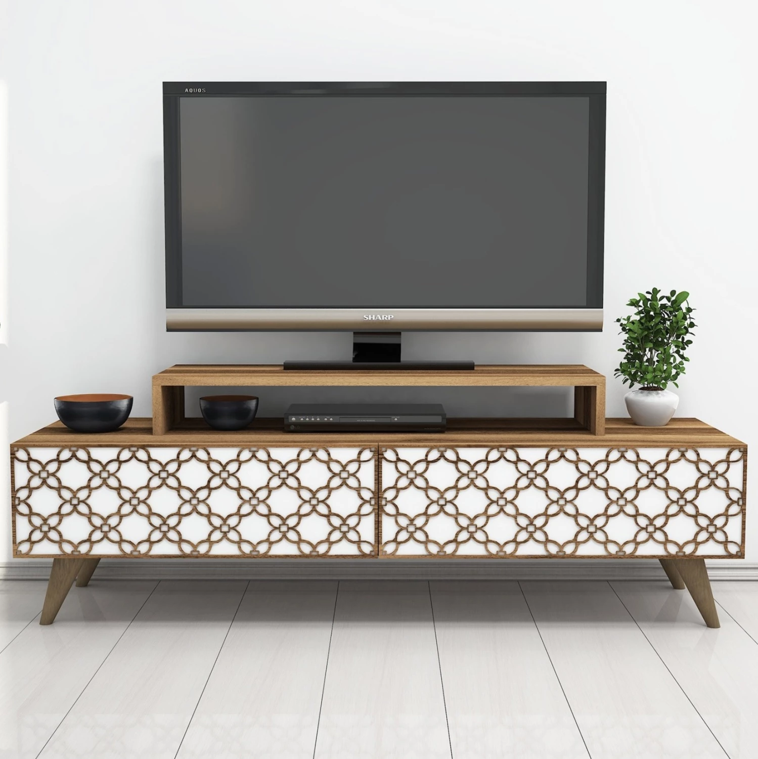 Komodinë TV melamine, ngjyrë arre dhe e bardhë, FH9510.04, 140x41.8x48.8 cm