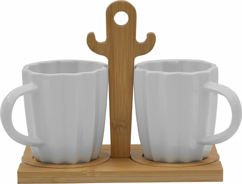 Set filxhanësh espresso Cactus, porcelan i bardhë, bambu natyral, 2 copë, 20x12x17cm