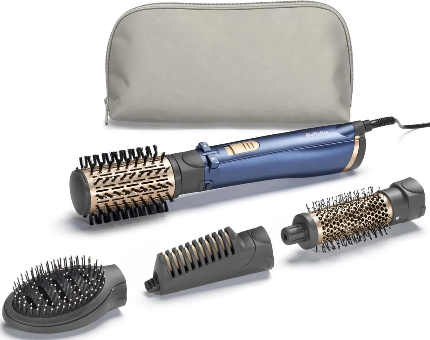 Brushë stiluese për flokë BaByliss AS965E, 1000W, 4 në 1, furçë 38 mm, jonizim, 2 temperatura + ajër i ftohtë, kabllo 2.2 m, blu, set me 4 koka