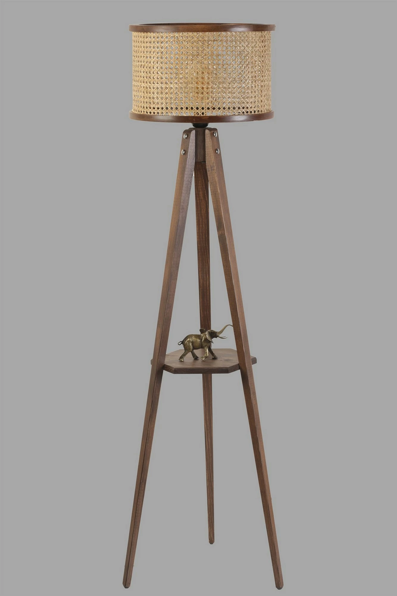 Llambë dyshemeje Opviq, ngjyrë ratan dhe arre, me rafte, cilindrike