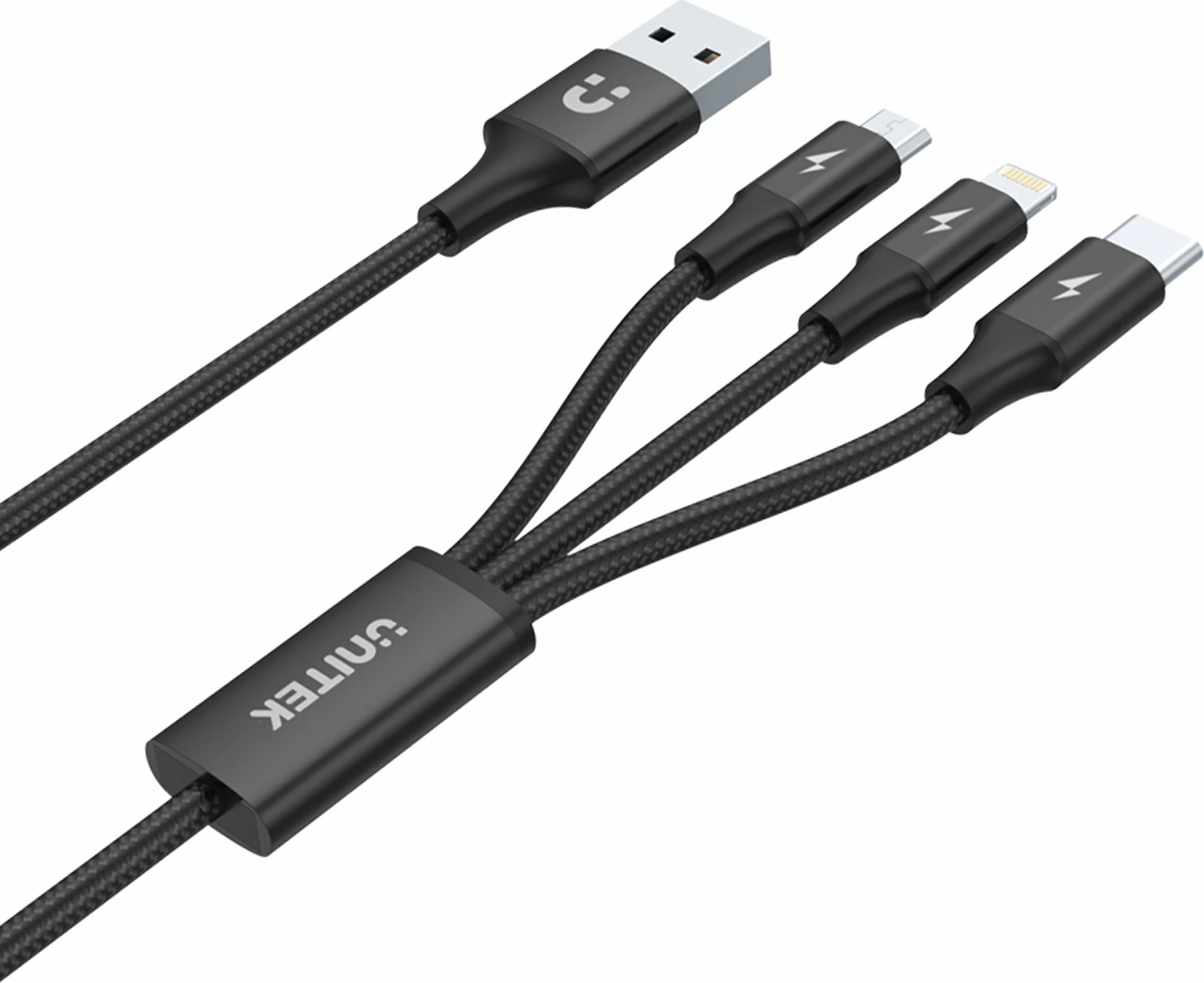 Kabllo USB Unitek C14049BK 3-në-1 USB-A në USB-C + MicroUSB + Lightning 1.2 m e zezë