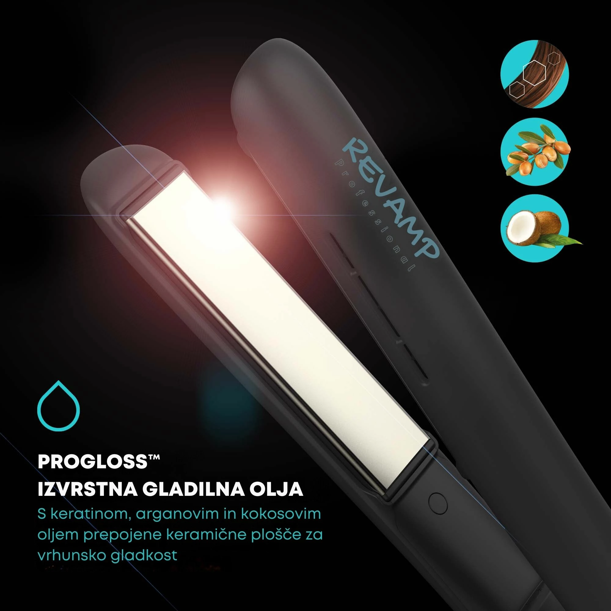 Hekur drejtues flokësh Revamp Progloss Ion Shine ST-1850, pllaka qeramike me infra të kuqe, 130–210°C, mat silikoni