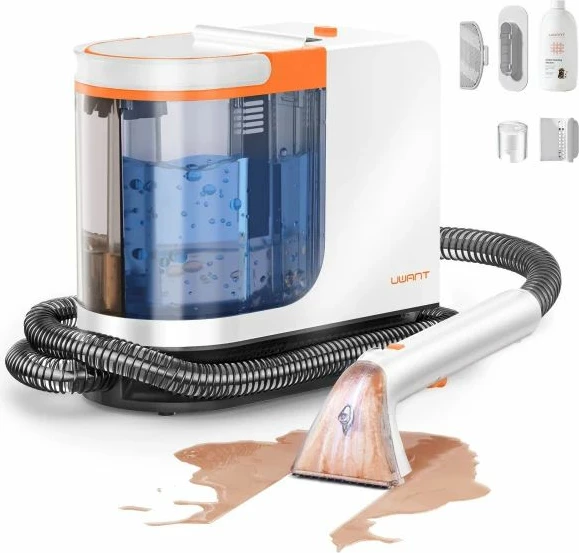Pastrues i thellë me ujë të nxehtë për qilima dhe tapiceri Uwant B300 Pro 18000 Pa 600 W depo 1.2/1.4 L, me aksesorë + pastrues tekstili 500 ml, bardhë/portokalli