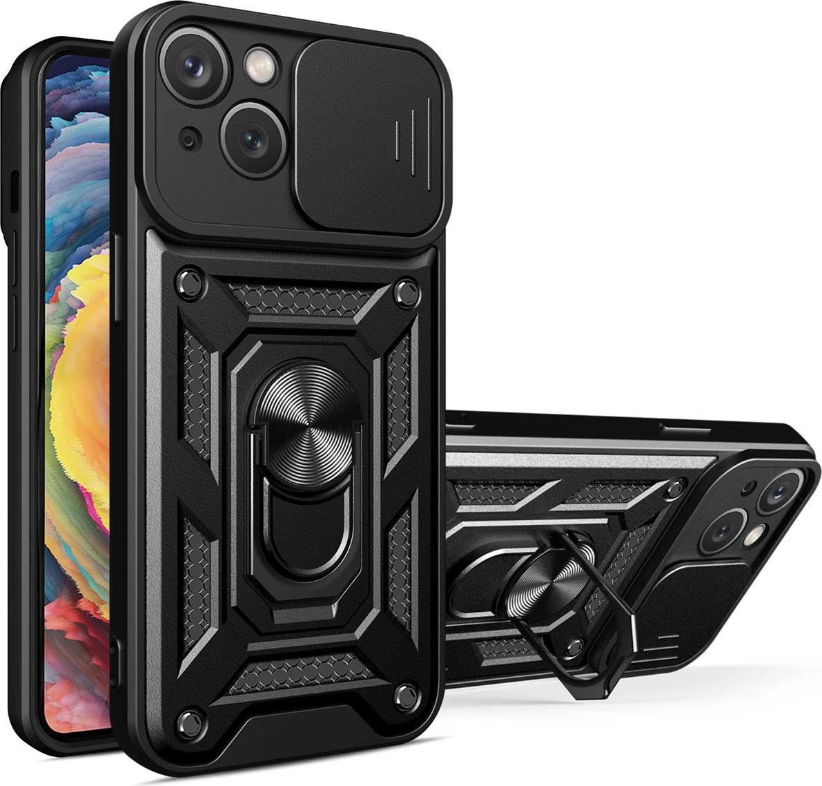 Mbështjellës Hurtel Hybrid Armor Camshield për Realme 10 Pro, me kapak kamere, me unazë, i zi