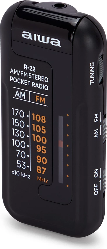 Radio portativ xhepi AM/FM Aiwa R-22 HyperBASS me kufje, i zi, set me bateri AAA