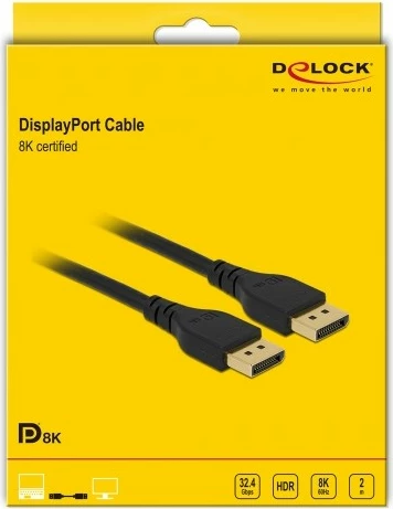 Kabllo DisplayPort DeLOCK 2m, 8K, pa latch, e zezë