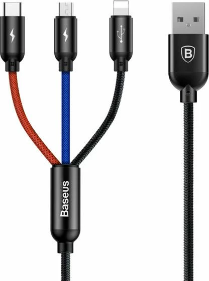 Kabllo USB 3-në-1 Baseus CAMLT-ASY01 0.3 m 3.5A USB-A në USB-C/microUSB/Lightning, blu/kuqe/zezë