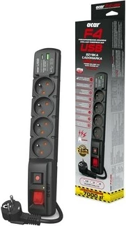 Kasë Acar F4 USB A+C, 3m, 4x230V, PD3.0 QC, e zezë