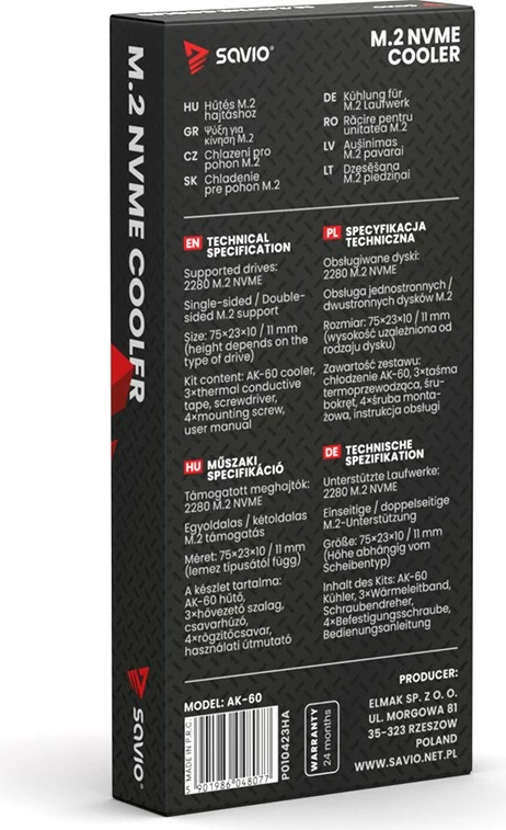 Ftohës për M.2 NVMe Savio AK-60, për PC dhe PS5, i zi