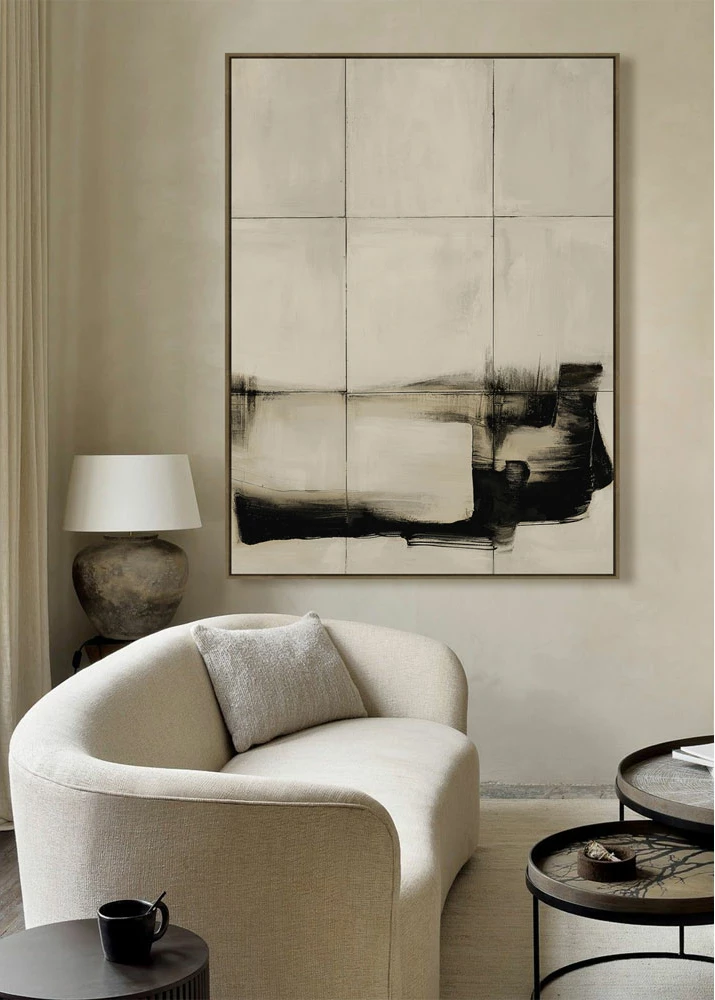 Pikturë dekorative abstrakte me kornizë, bezhë e zezë, 90x120x4 cm