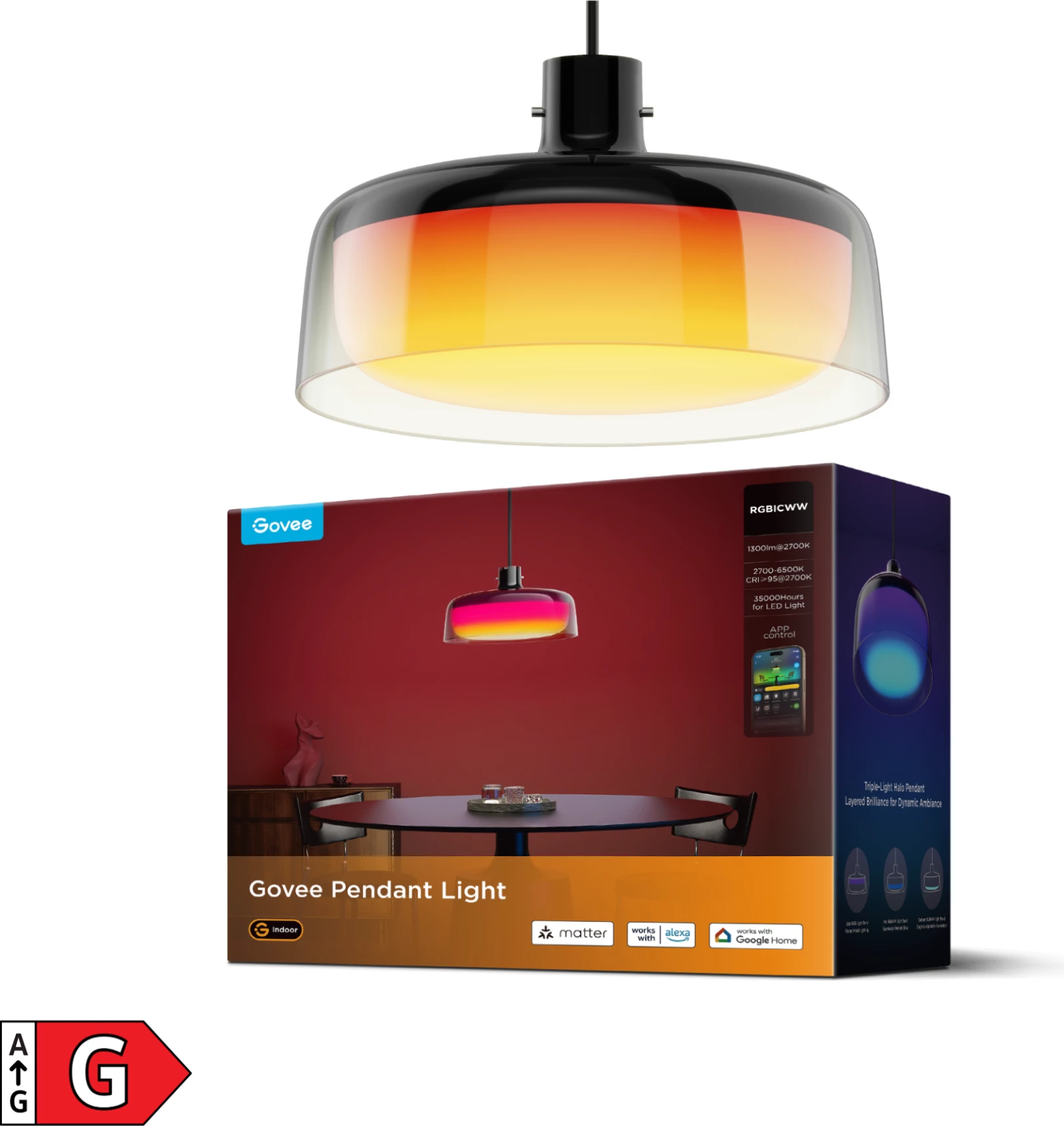 Llambë varëse smart Govee RGBICWW, RGBIC 360°, 2700-6500K, CRI95, e zezë