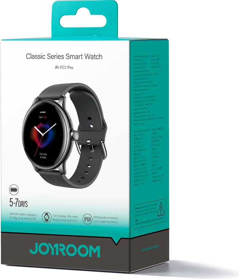 Smartwatch Joyroom JR-FC1 Classic Series, 1.28", Bluetooth 5.3, IP68, Gri e errët