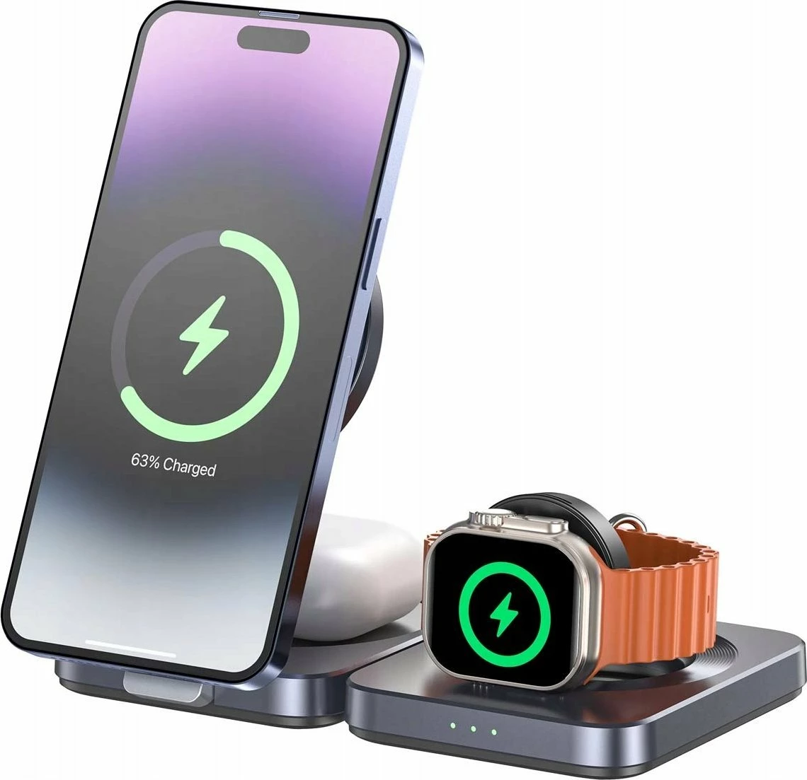 Stacion karikimi Unitek P1300AGY01 3-në-1 Qi2 15W me kabllo USB-C 1.5 m, gri