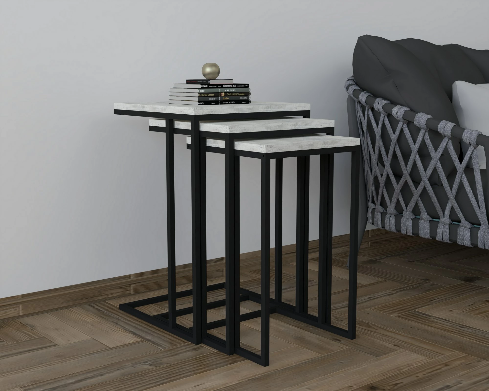 Set tavolinash ndihmëse, 3 copë, ngjyrë e zezë dhe kristal, Hanah Home