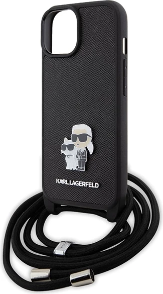 Mbështjellës Karl Lagerfeld Crossbody Saffiano Metal Pin Karl & Choupette për iPhone 15, i zi