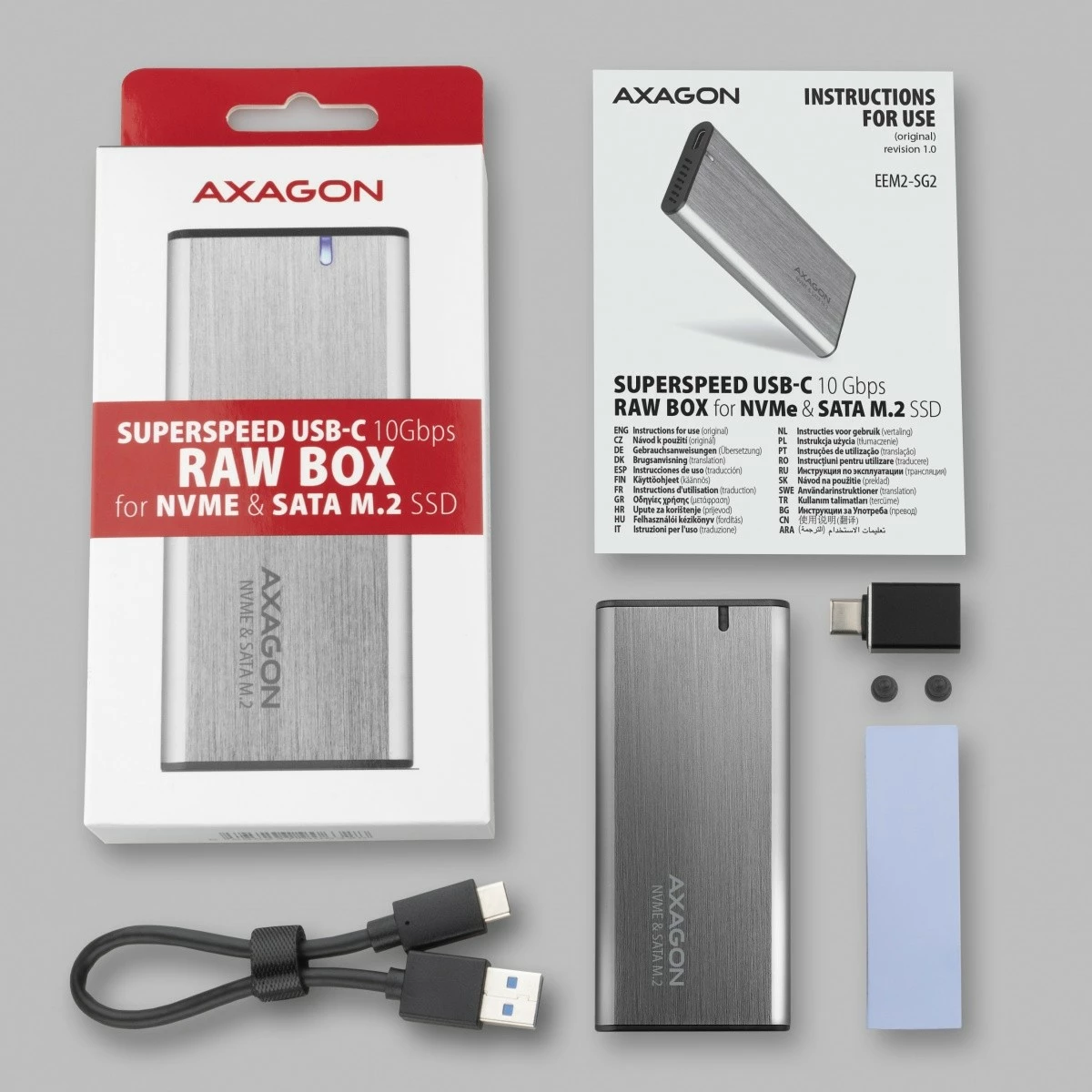 Kasë e jashtme AXAGON EEM2-SG2 për SSD M.2 NVMe & SATA, USB-C 3.2 Gen 2, Alumini, Argjendtë