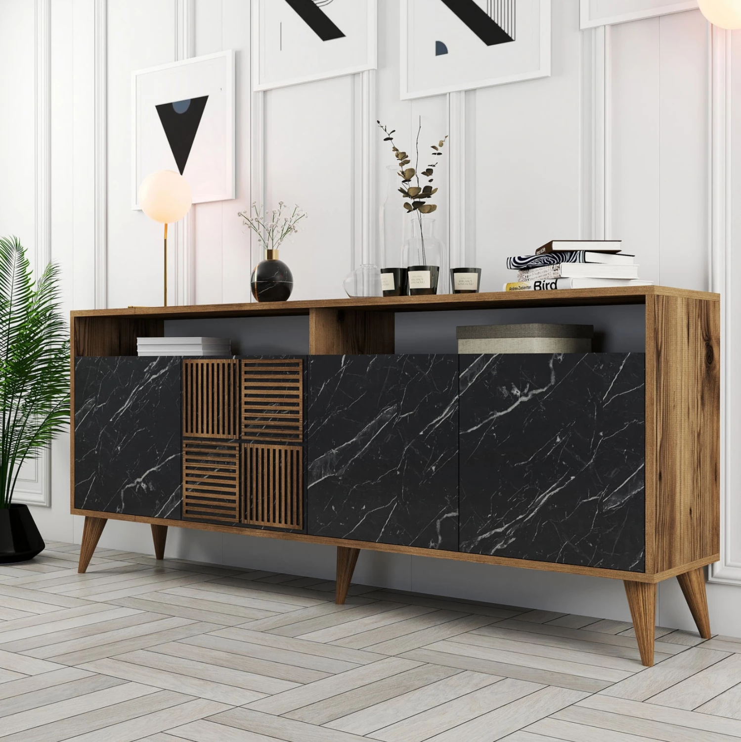Bufe melamine FH9431.05 ngjyrë arre me dyer pamje mermeri të zi 180x35x78.6H cm