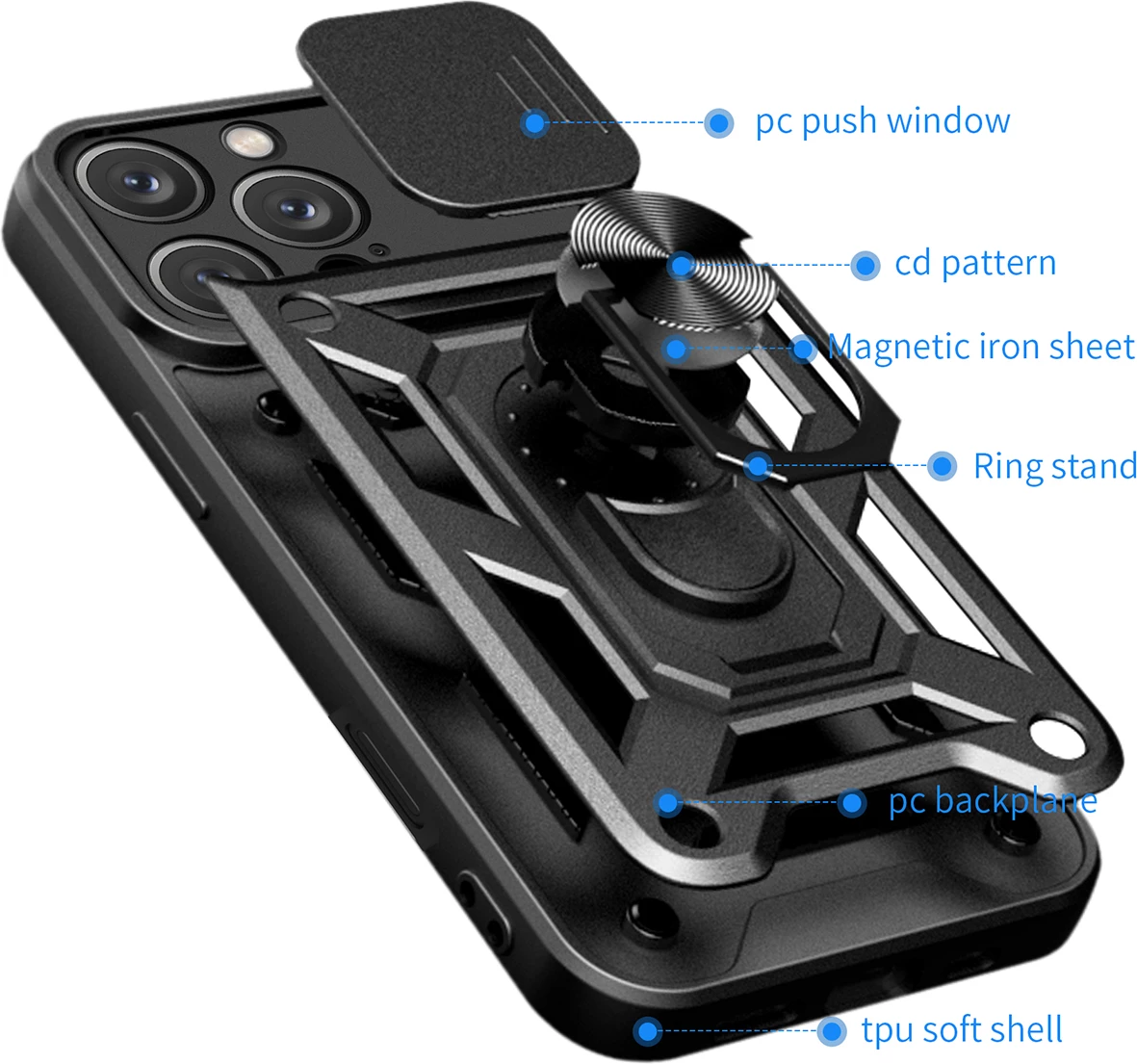 Mbështjellës Hurtel Hybrid Armor Camshield për iPhone 16 Pro Max, me mbulesë kamere dhe qëndrim, zi