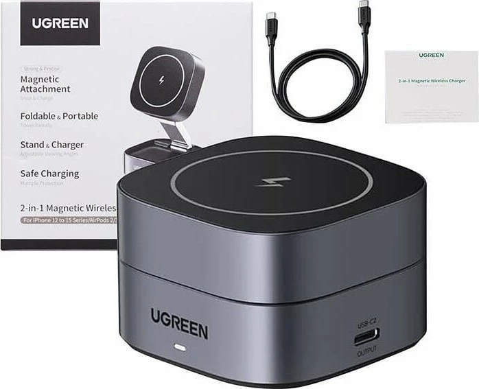 Karikues induktiv Ugreen W256 (35278) 20W, 1x USB-A, 1x USB-C, me kabllo USB-C në USB-C 1m, i zi