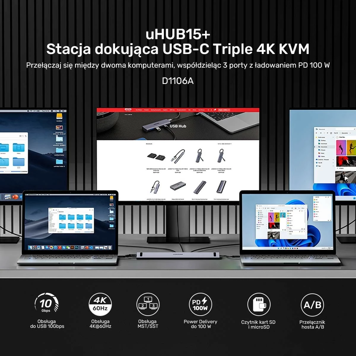 Switch KVM Unitek, 2x HDMI 4K, 1x DisplayPort, USB-C, PD 100W, hiri