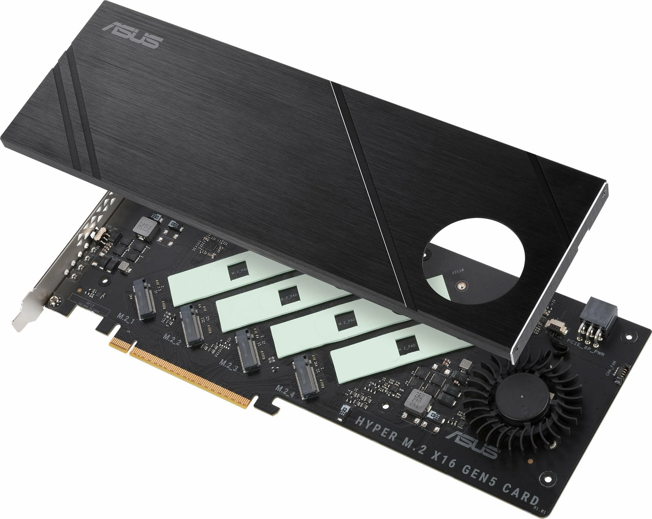 Adapter PCIe Asus Hyper M.2 x16 Gen5, PCI Express 5.0 x16, 4x M.2 NVMe, ftohje aktive, e zezë