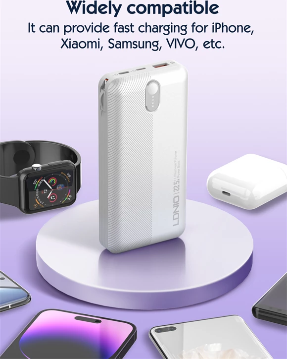Power bank LDNIO PQ24 20000mAh 22.5W me 1x USB-A + kabllo të integruara USB-C/Lightning (1C1L), bardhë