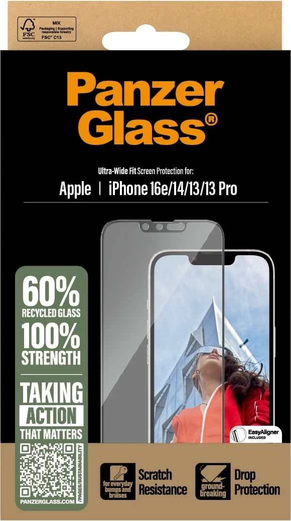 Mbrojtës ekrani PanzerGlass për iPhone 16e/14/13/13 Pro, transparent