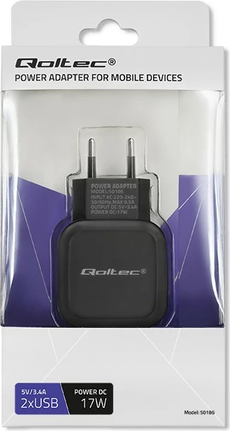 Karikues muri Qoltec 50186, 17W, 2xUSB, 5V, 3.4A, i zi