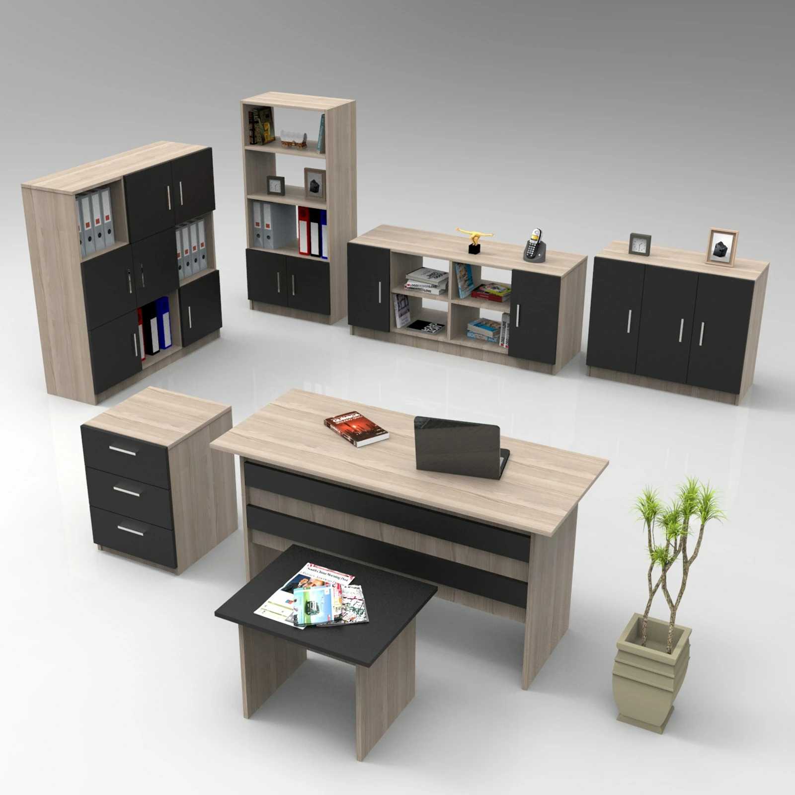 Set mobiljesh për zyre Skye Decor, VO18-OB, ngjyrë lis dhe e zezë