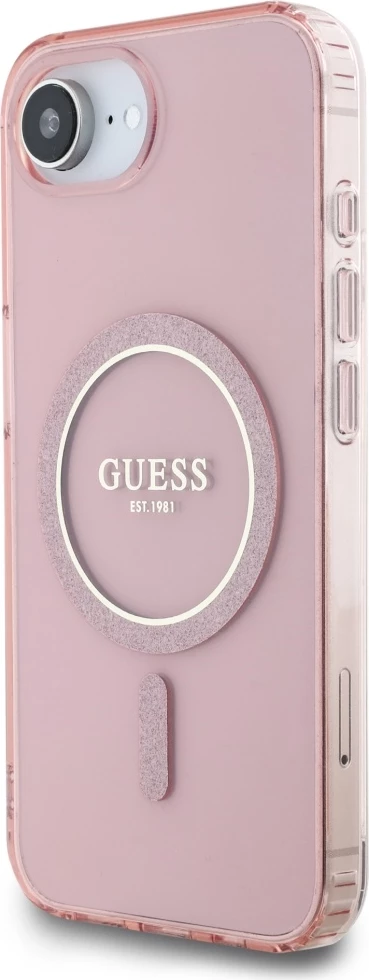 Mbështjellës Guess IML Glitter Circle MagSafe për iPhone 16e, rozë