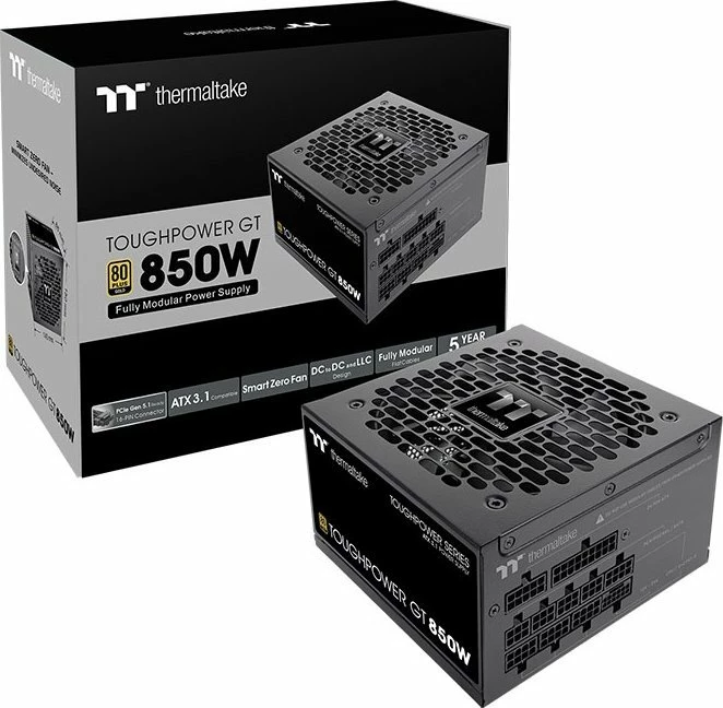 Furnizues rryme Thermaltake ToughPower GT 850W, ATX 3.1, 80 Plus Gold, modular i plotë, PCIe 12V-2x6, i zi