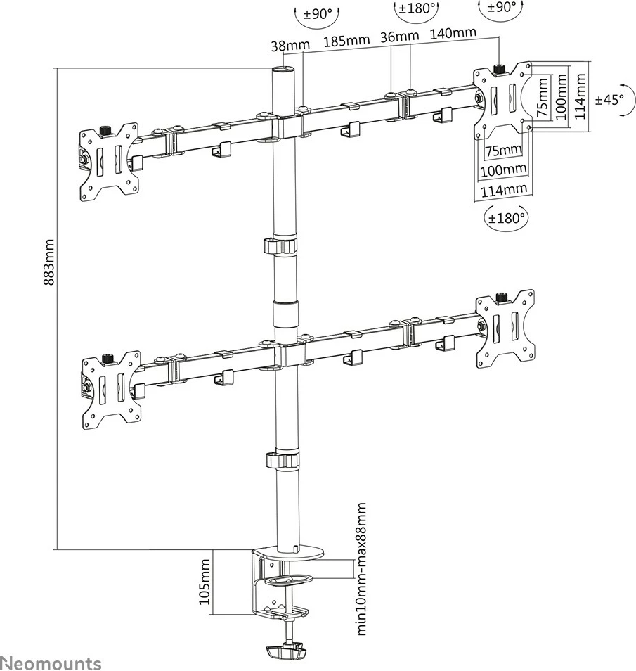 Krah monitori Neomounts FPMA-D550D4BLACK, Clamp/Bolt-through, 6 kg, 33 cm (13"), 81.3 cm (32"), 100 x 100 mm, e zezë