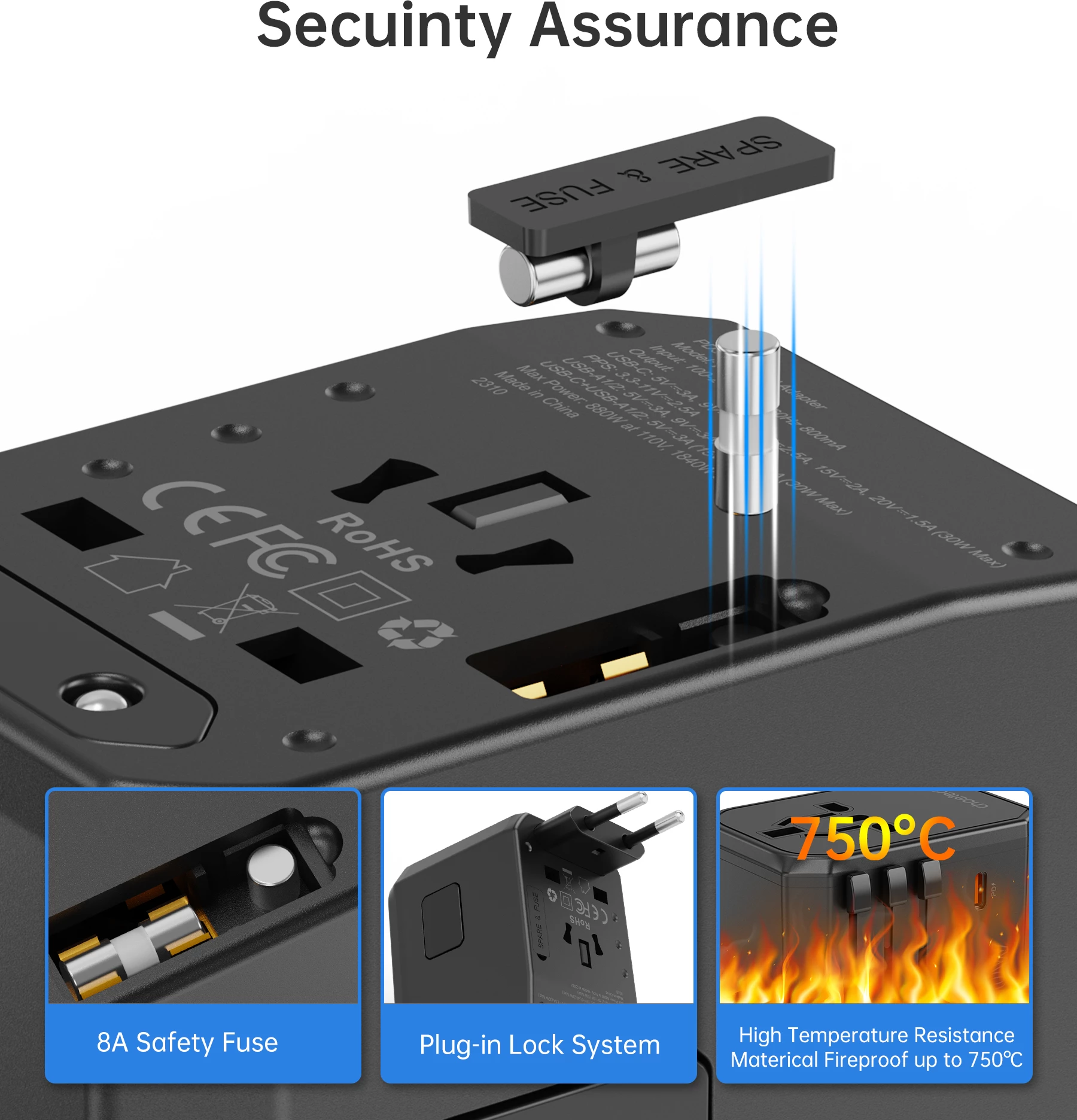 Karikues udhëtimi Choetech PD6041, 30W, 3 porta USB-C/USB-A, 4 priza ndërkombëtare, Zi